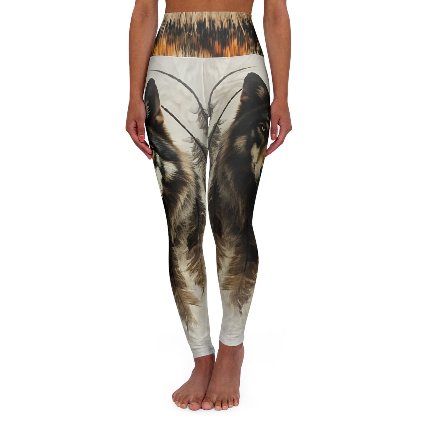 High-Waisted Native Pattern Leggings: Timber Wolf / Horse Blanket Pattern Waist
