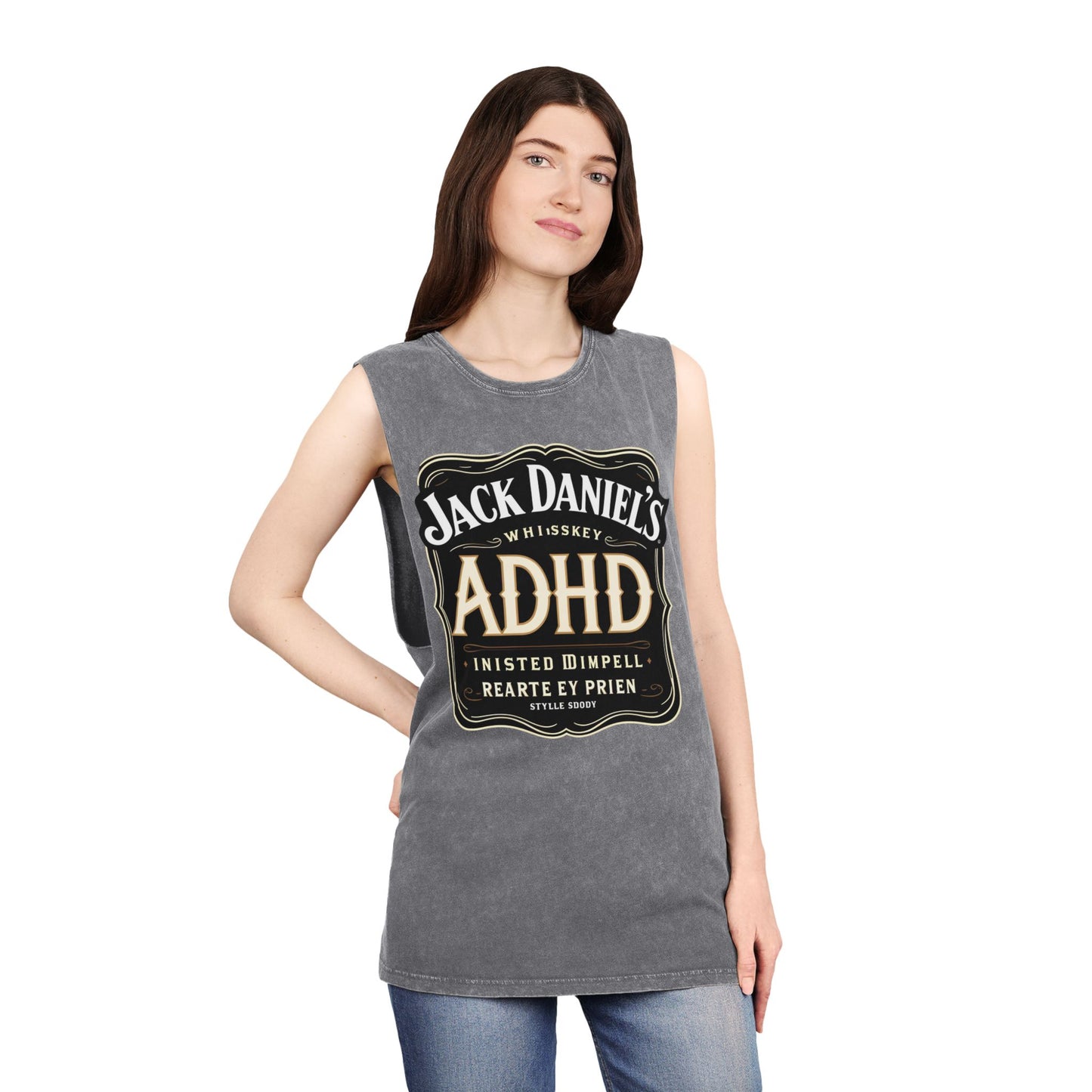 Unisex Stonewash Tank Top with ADHD Design, Perfect for Casual Wear, Gym, or Laid-Back Outings, Great Gift for Whiskey Lovers, Humor Tee