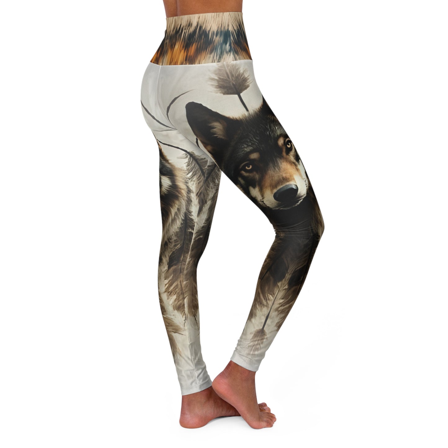 High-Waisted Native Pattern Leggings: Timber Wolf / Horse Blanket Pattern Waist