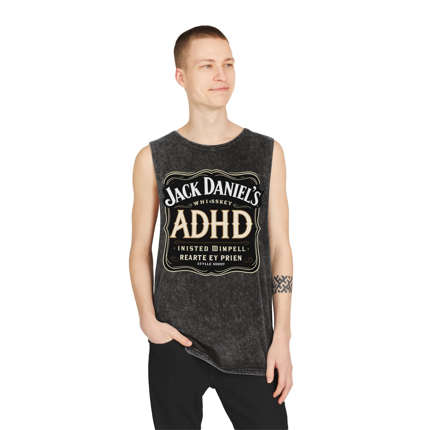 Unisex Stonewash Tank Top with ADHD Design, Perfect for Casual Wear, Gym, or Laid-Back Outings, Great Gift for Whiskey Lovers, Humor Tee