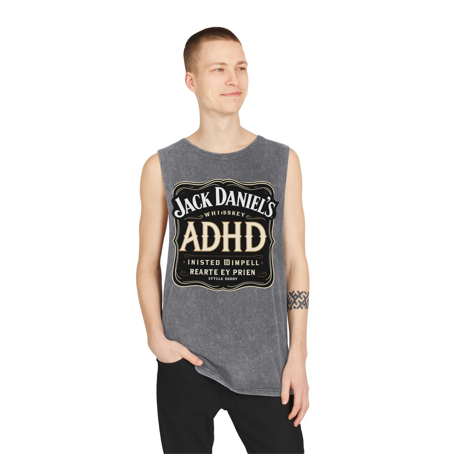 Unisex Stonewash Tank Top with ADHD Design, Perfect for Casual Wear, Gym, or Laid-Back Outings, Great Gift for Whiskey Lovers, Humor Tee
