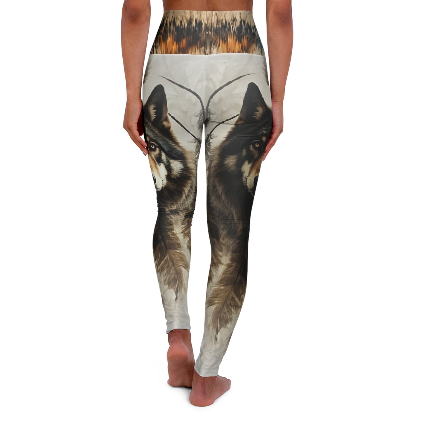 High-Waisted Native Pattern Leggings: Timber Wolf / Horse Blanket Pattern Waist