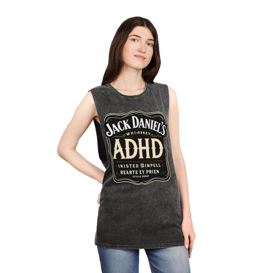 Unisex Stonewash Tank Top with ADHD Design, Perfect for Casual Wear, Gym, or Laid-Back Outings, Great Gift for Whiskey Lovers, Humor Tee