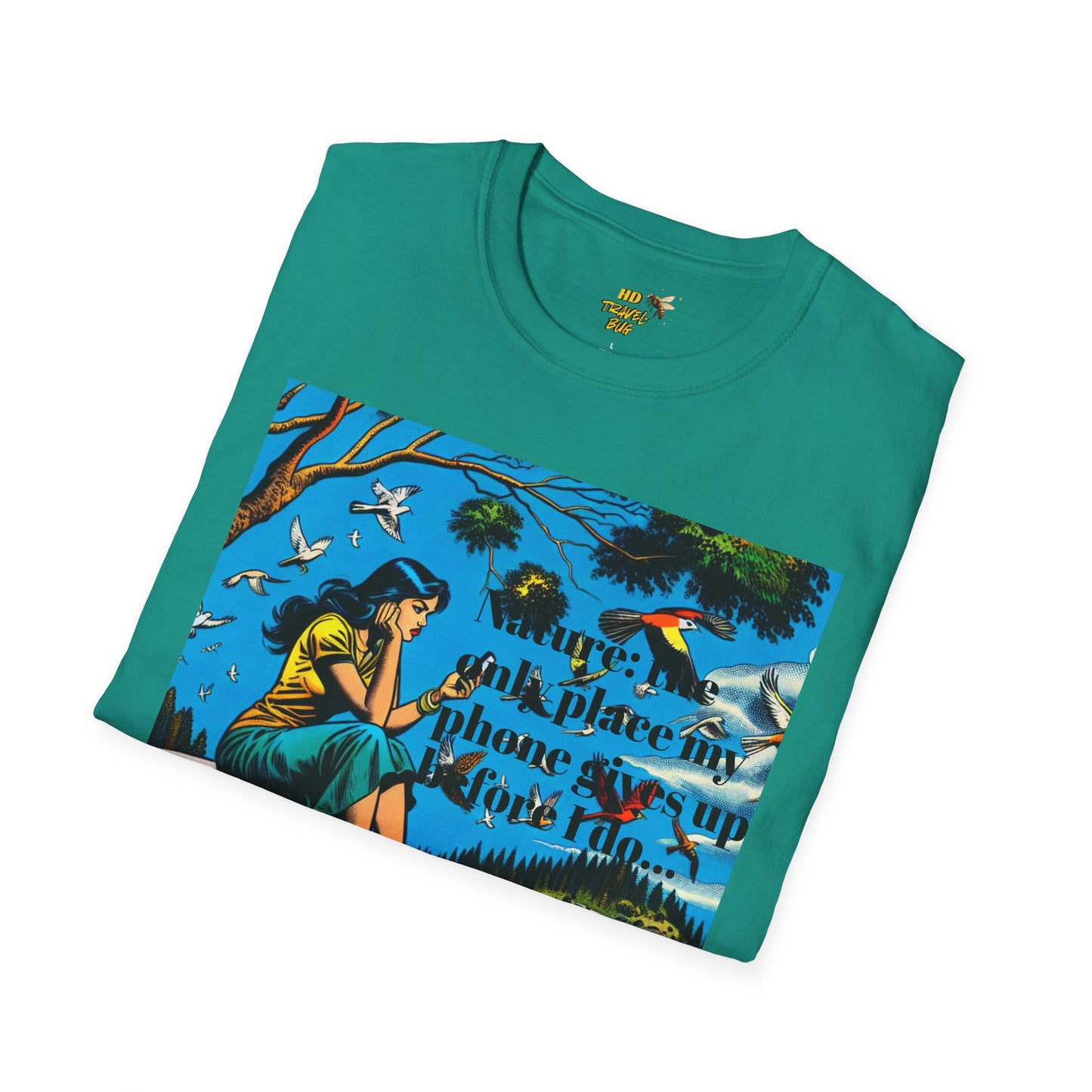 Nature-Inspired Unisex Softstyle T-Shirt "Nature, The Only Place My Phone Gives Up Before I Do..." | Perfect for Outdoor Enthusiasts, Casual Wear, Gift for Friends, Adventure Lovers, Uplifting [...]