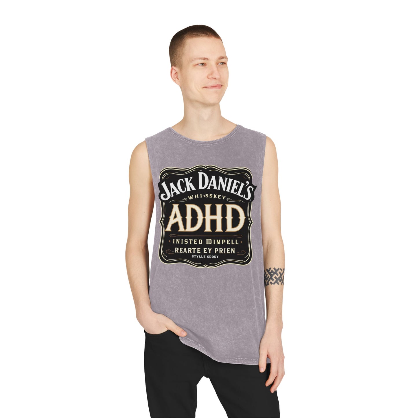 Unisex Stonewash Tank Top with ADHD Design, Perfect for Casual Wear, Gym, or Laid-Back Outings, Great Gift for Whiskey Lovers, Humor Tee
